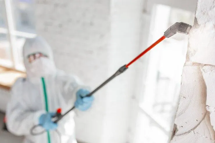 Un homme en combinaison qui applique un produit sur un mur 