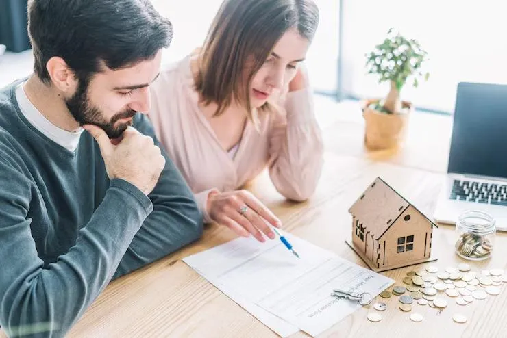 Un couple devant un document, une maquette de maison en bois et une pile de pièces