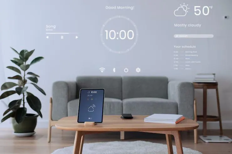 Une tablette sur une table du salon avec des informations comme la température, l'heure, etc.