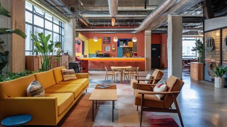Un espace avec un salon, un bar et une salle à manger