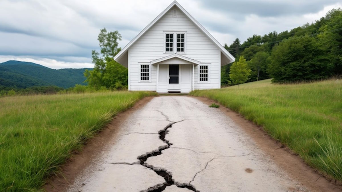 Une fissure dans le sol devant une maison