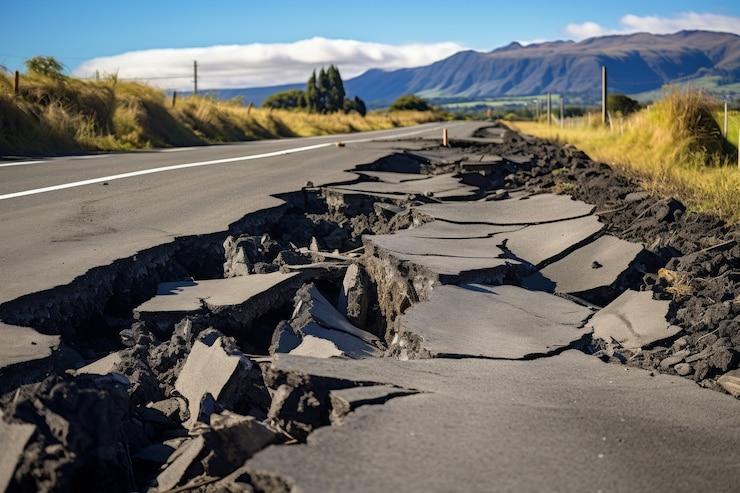 Une route complètement détruite d'un côté