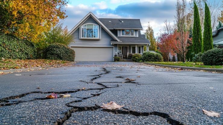 Une rue devant une maison qui est fissurée
