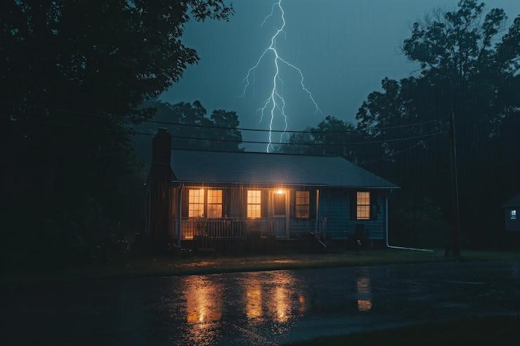 Une maison avec les lumières allumées sous une foudre