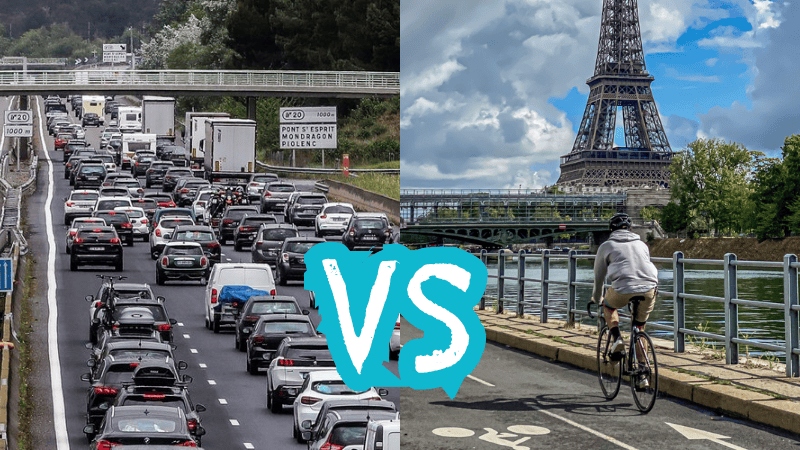 Bouchons de voitures vs pistes cyclables avec la tour Eiffel