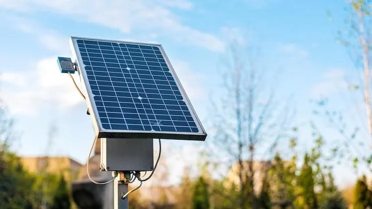 Un mini panneau solaire installé sur un pilier en métal