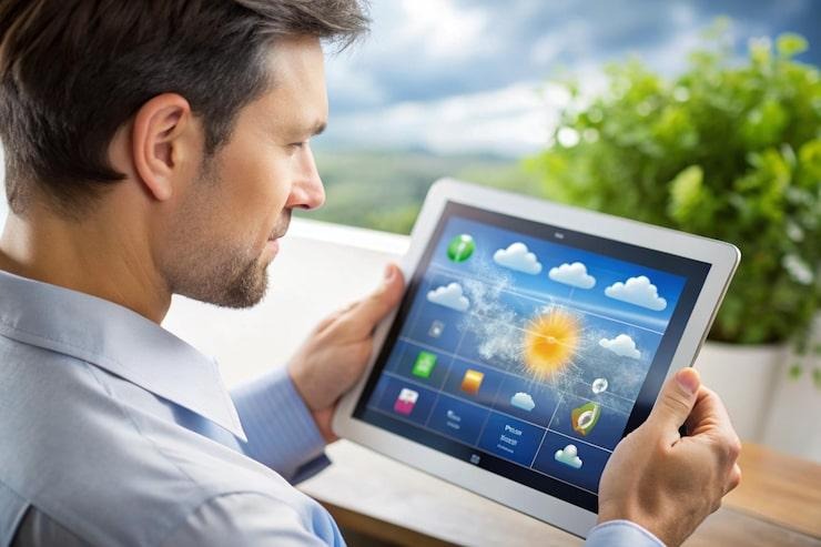 Un homme sur une tablette avec une application météo
