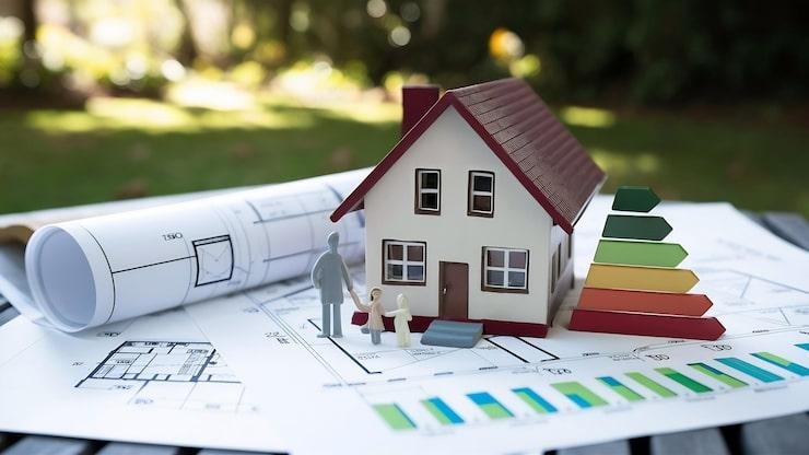 Une maquette de maison à côté d'une indication de notes énergétiques posés sur des documents