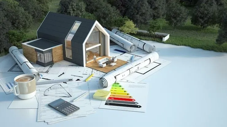 Une maquette de maison posée sur une table près de plans de rénovations énergétiques
