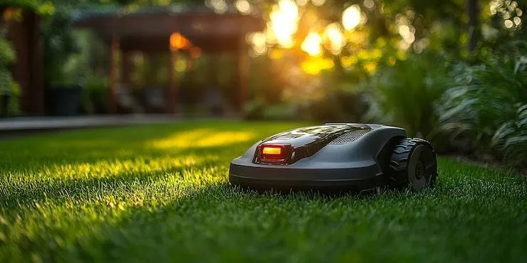 Un robot tondeuse qui tond une pelouse