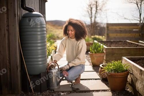 Une femme qui récupère l'eau de pluie d'un bidon vers un arrosoir