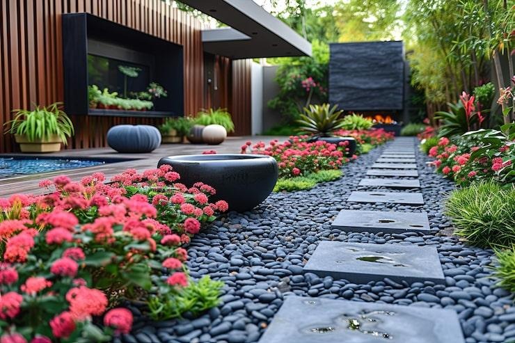 Une allée de jardin bordée de fleurs