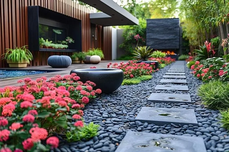Une allée de jardin bordée de fleurs