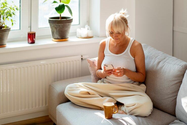 Une femme sur son smartphone assis sur un canapé près d'un radiateur