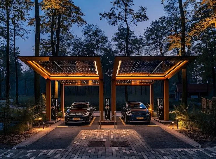 Des voitures qui chargent sous un carport solaire