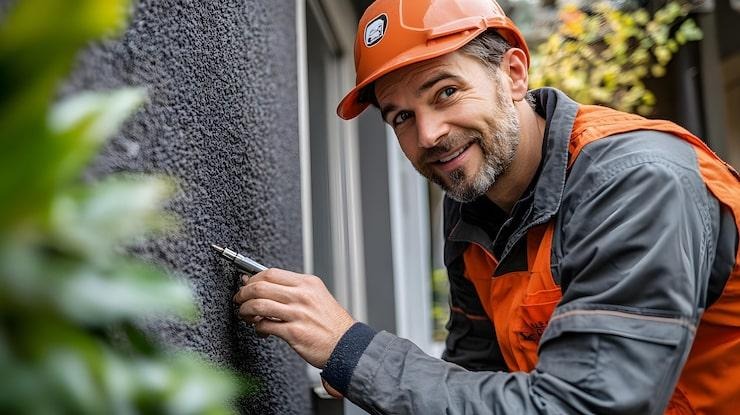 Un artisan qui vérifie une isolation extérieure 