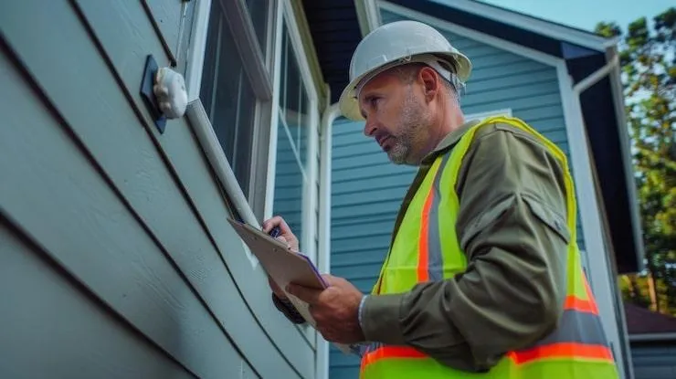 Un homme avec un casque et un gilet de visibilité qui vérifie une isolation extérieure