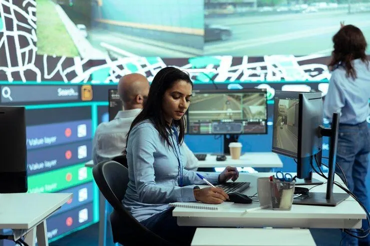 Une femme qui prend des note devant un écran d'ordinateur