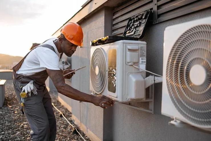 Un homme qui assure la maintenance d'une PAC air-eau