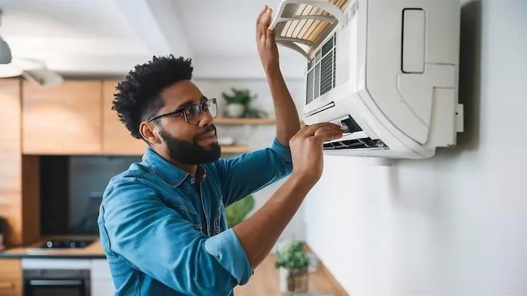 Un homme qui regarde l'intérieur d'une climatisation murale