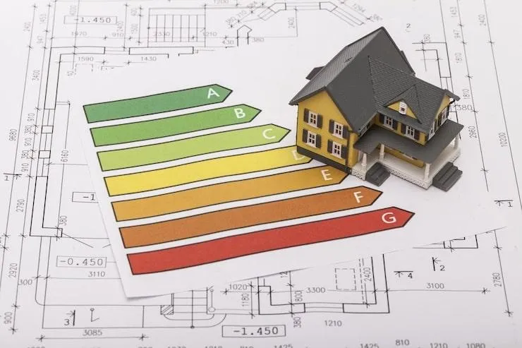 Une illustration des note de DPE sur une feuille sous une maquette de maison