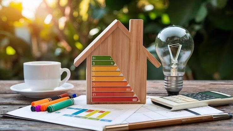 Une maquette de maison avec une note de DPE à côté d'une tasse blanche et une ampoule