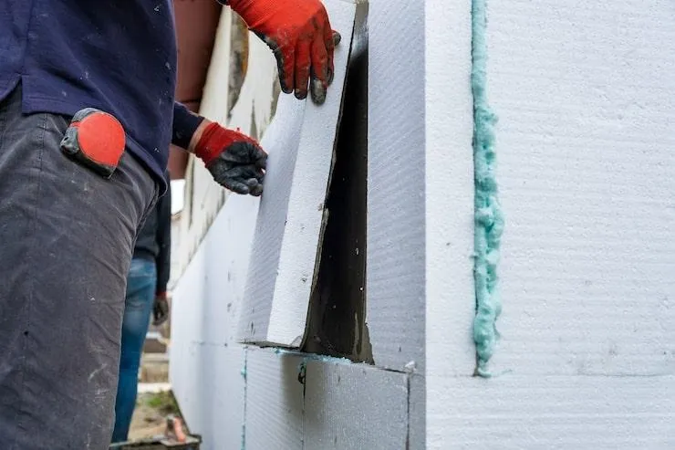 Un chauffagiste qui installe des blocs de polystyrène sur un mur extérieur