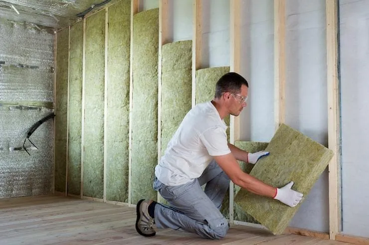 Un chauffagiste qui fait l'isolation d'un mur intérieur