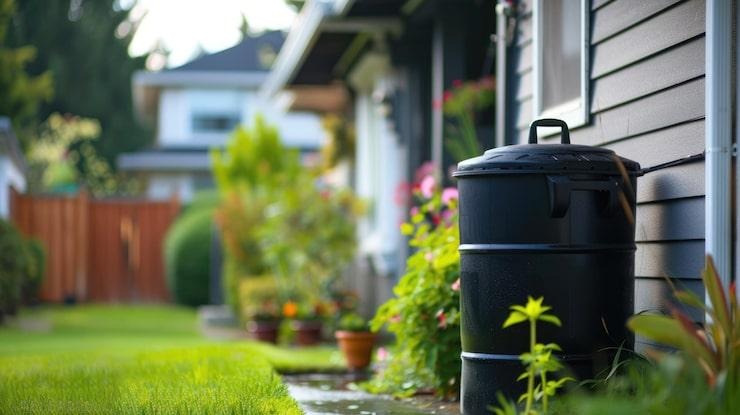 Un récupérateur d'eau de pluie dans un jardin
