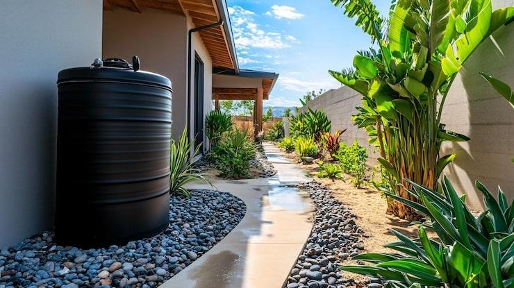 Un récupérateur d'eau de pluie noir contre un mur