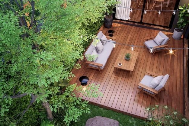 Une terrasse en bois avec un salon éxterieur