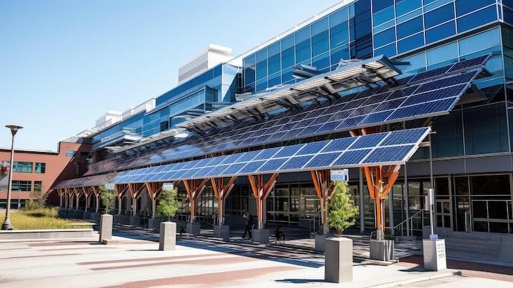 Une devanture d'entreprise avec plusieurs panneaux solauires sur des pilliers