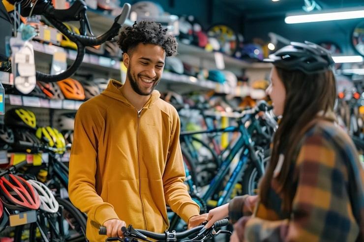 Un homme qui discute avec une femme à côté d'un vélo électrique en magasin