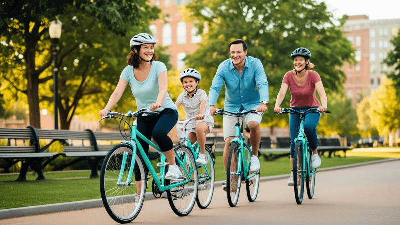 Famille qui fait du vélo électrique dans un parc.