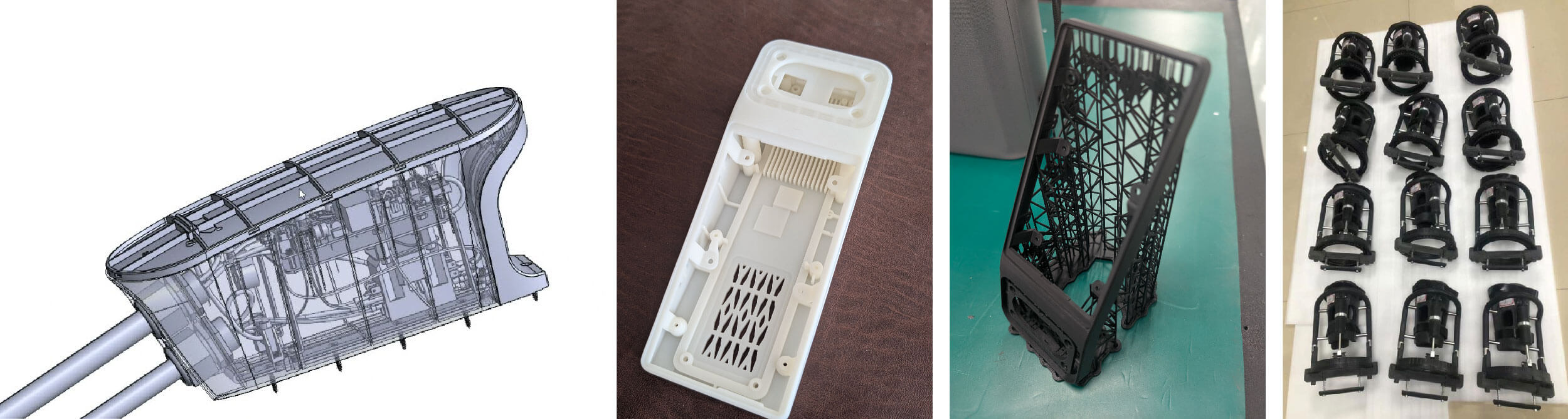 A rendering and three product prototypes in the EVT (Engineering Verification Test) phase