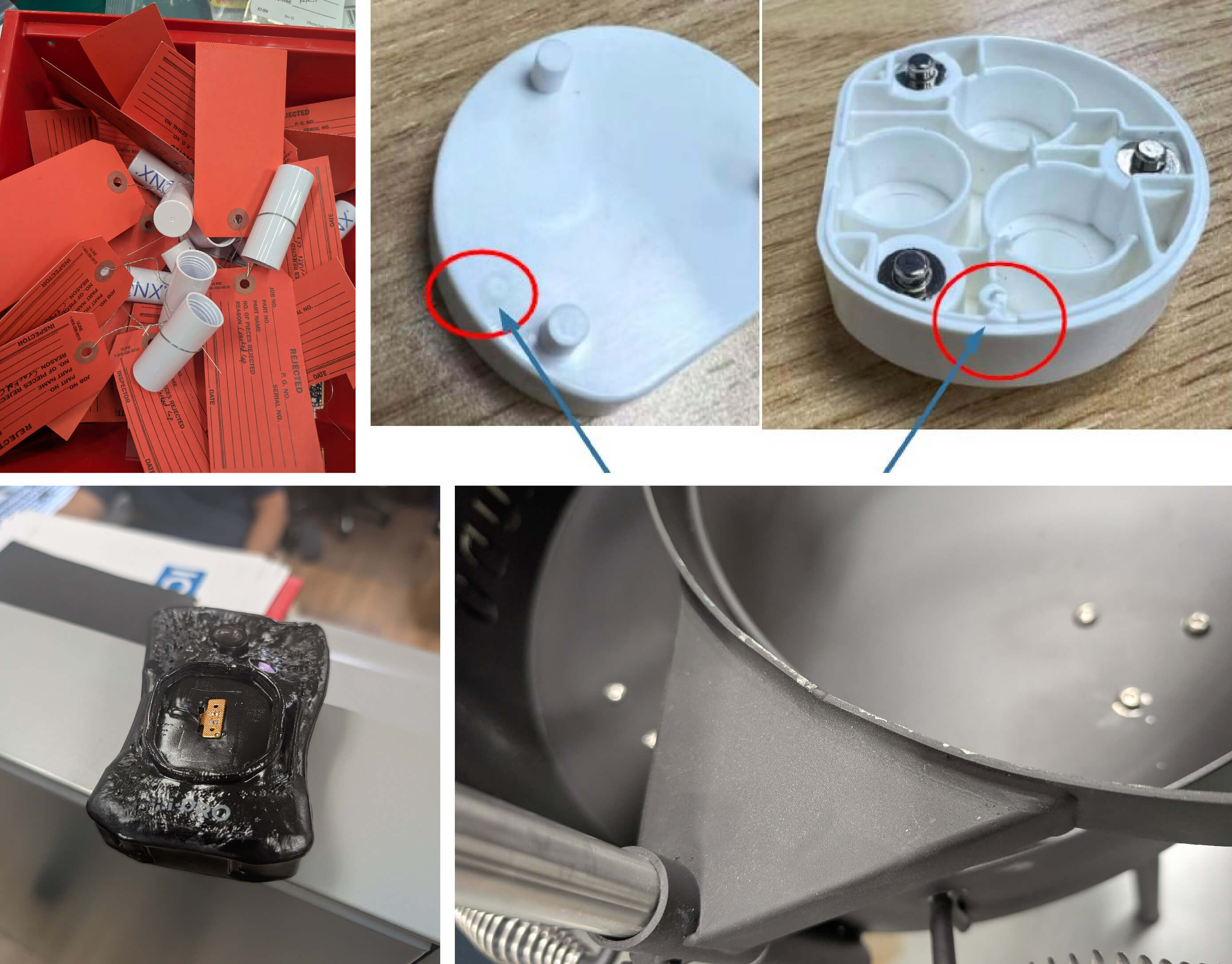 Four different DVT engineering builds showing issues like scratches on the prototypes