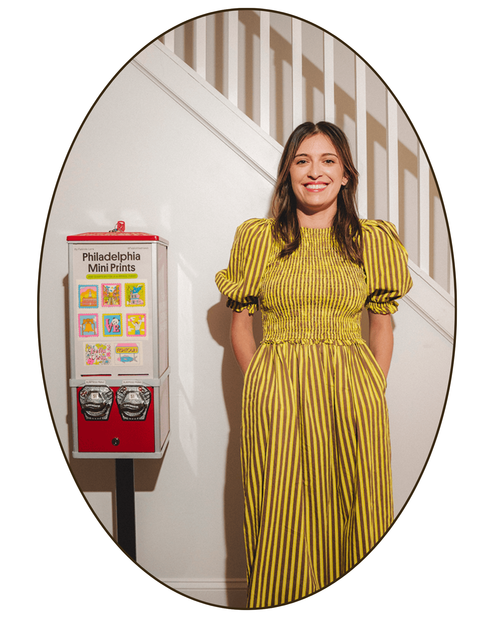 Illustrator Fabiola Lara with Interactive Philly mini print vending machine stocked with tiny art prints.