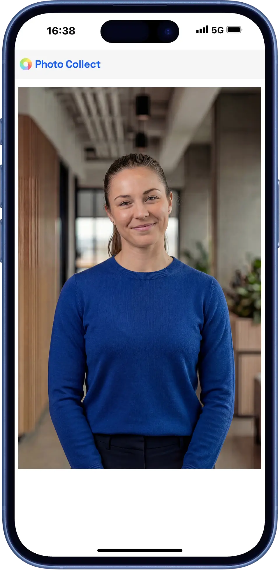 iPhone screenshot showing a smartphone photo upload with Photo Collect via BYOD.