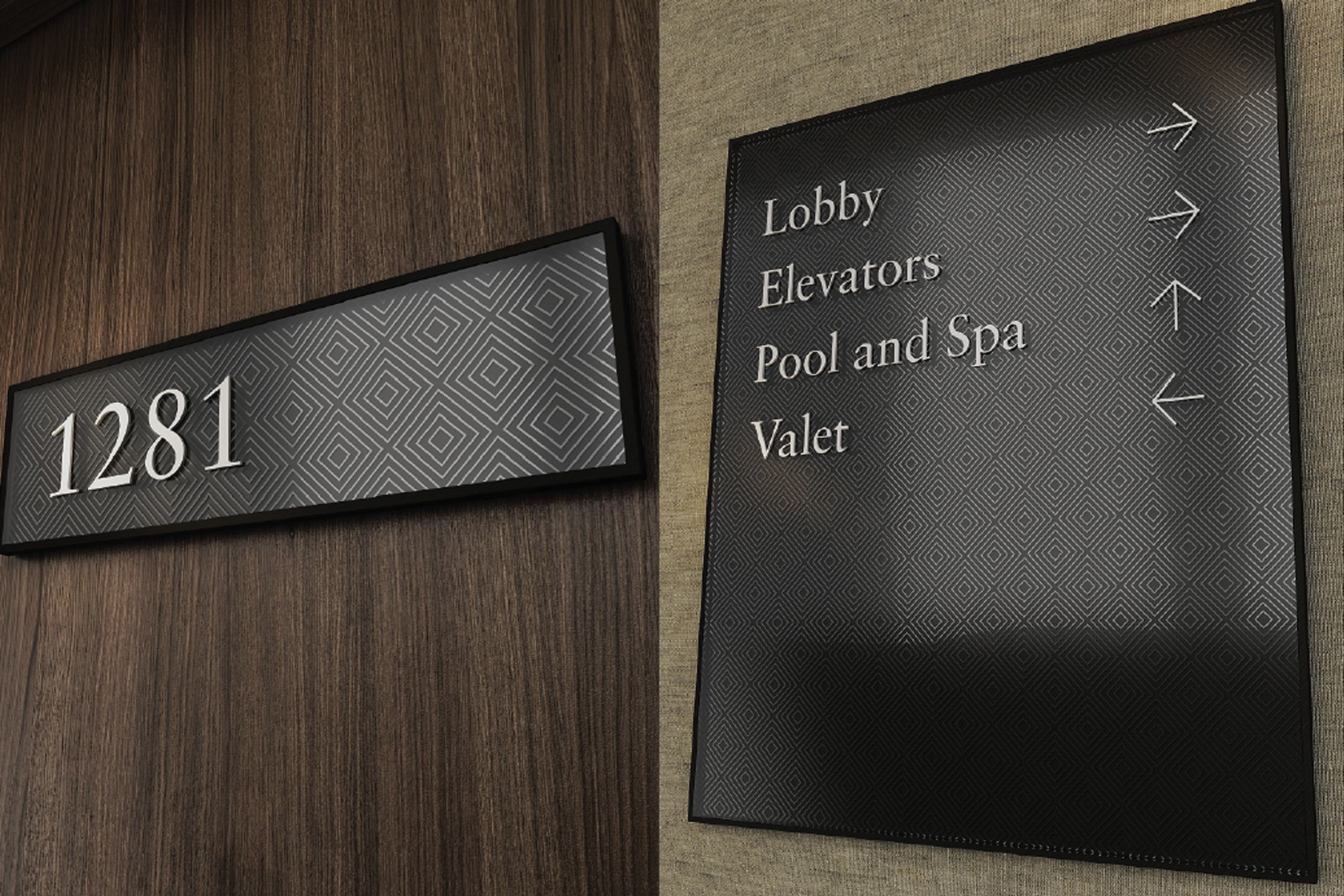 Black patterned signs on wall showing room number 1281 and directions to lobby, elevators, pool and spa, and valet.
