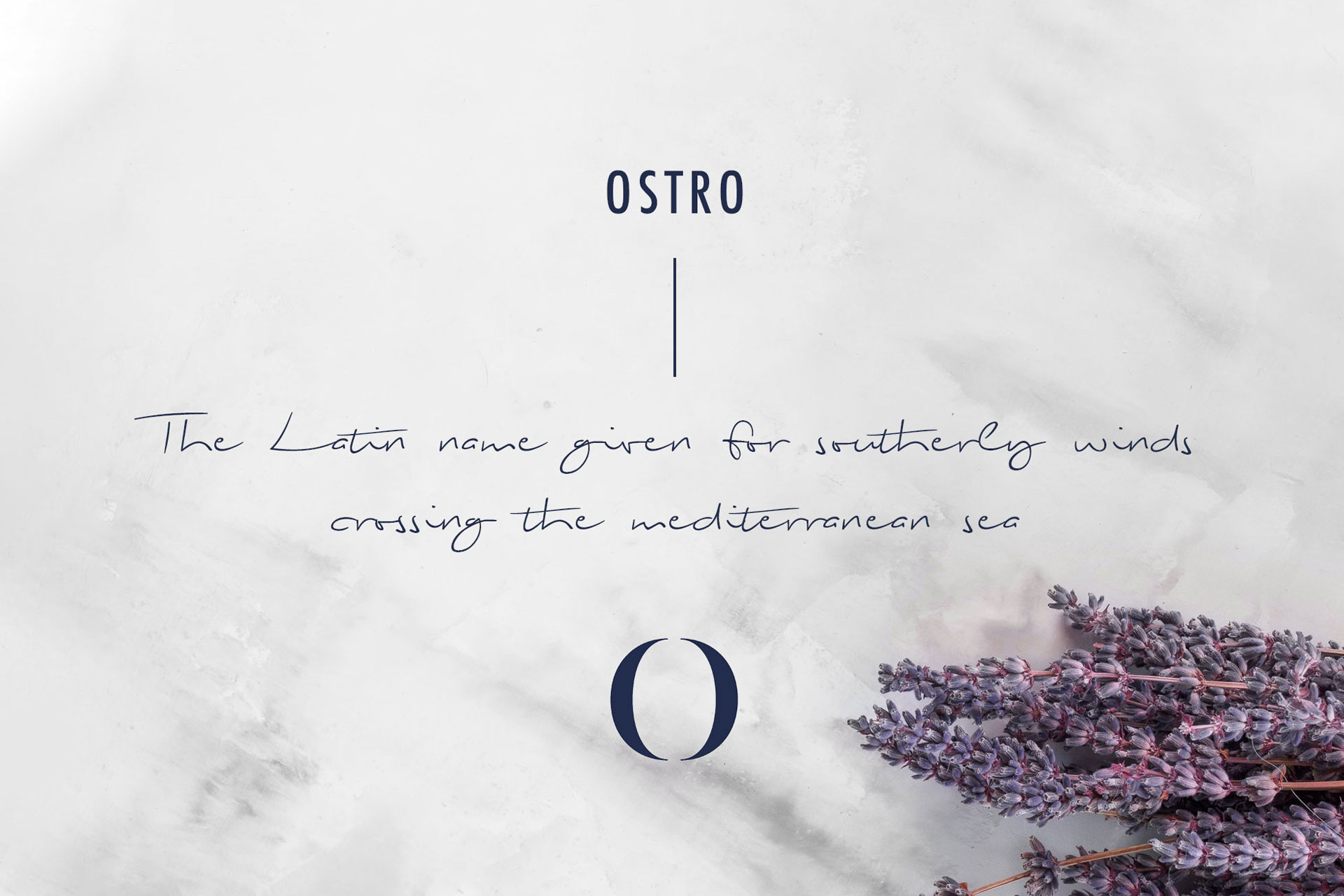 Text on a marble background reading 'OSTRO | The Latin name given for southerly winds crossing the mediterranean sea' with a bunch of dried lavender flowers in the bottom right corner.