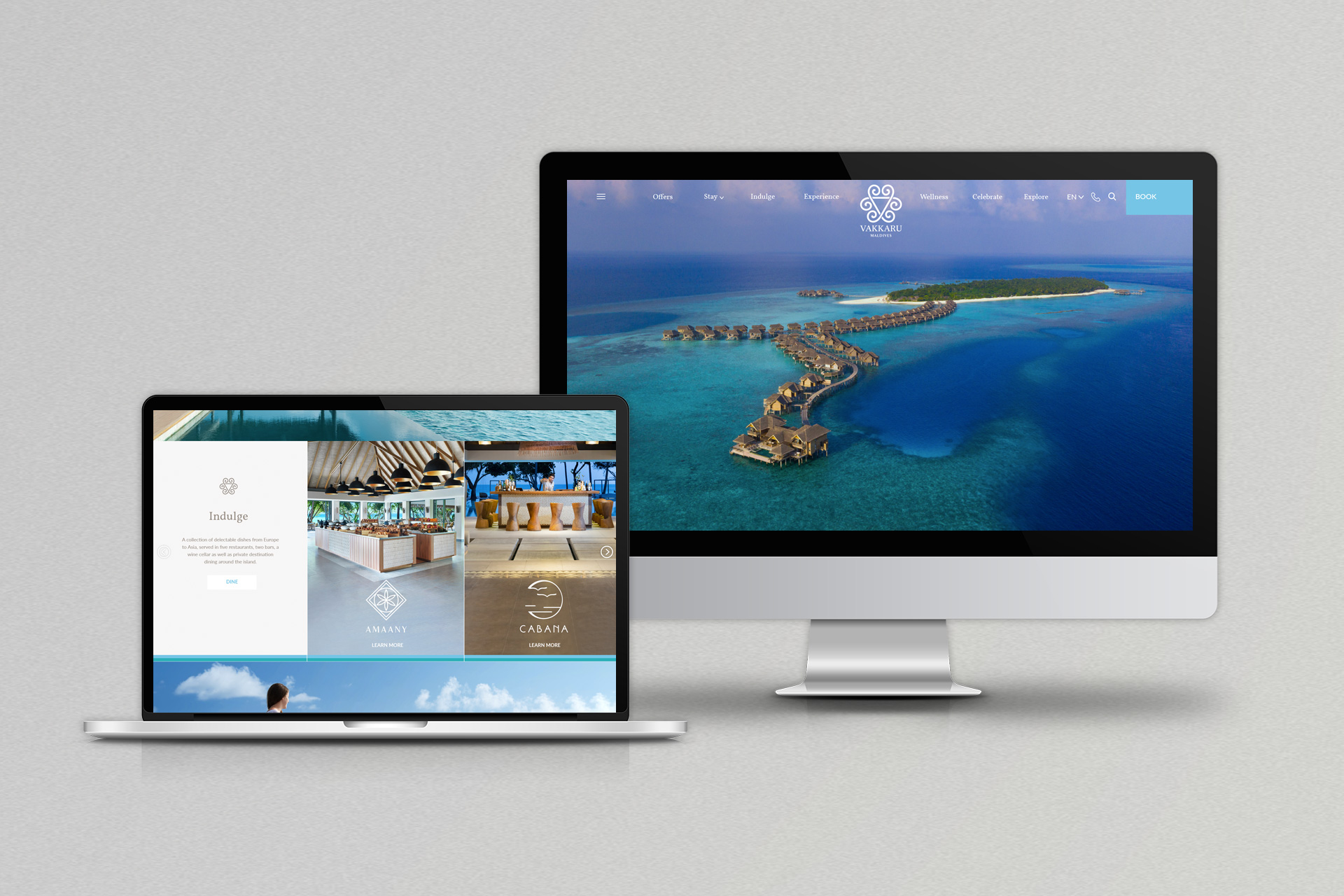 Two computer screens showing Vakkaru Maldives website, one displaying an aerial view of overwater villas on a tropical island, the other showcasing dining options with photos of restaurants.