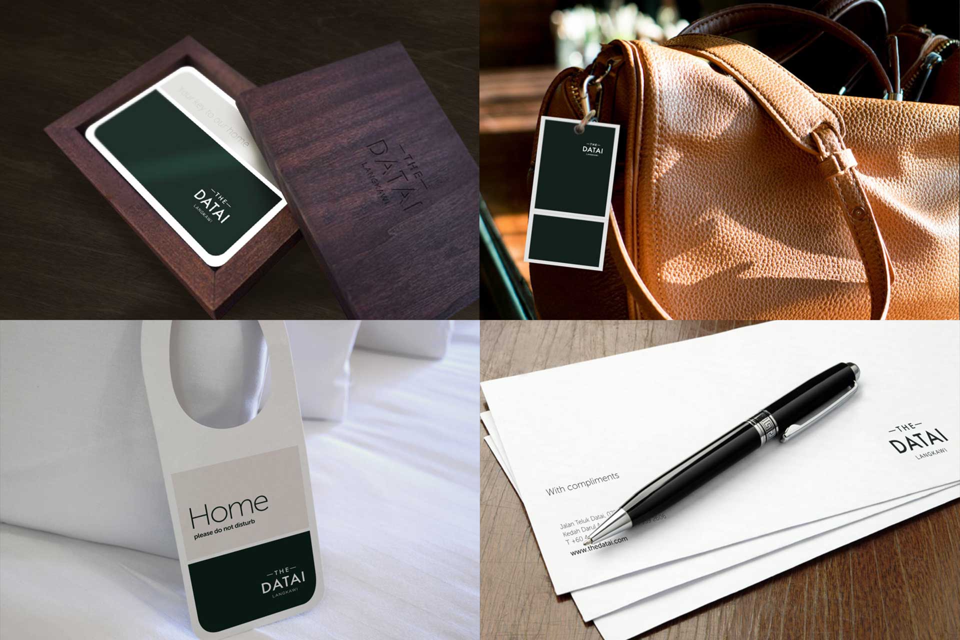 Collage of The Datai Langkawi branded items: room card in wooden box, leather bag with tag, door hanger saying 'Home, please do not disturb,' and pen on stationery with compliments card.