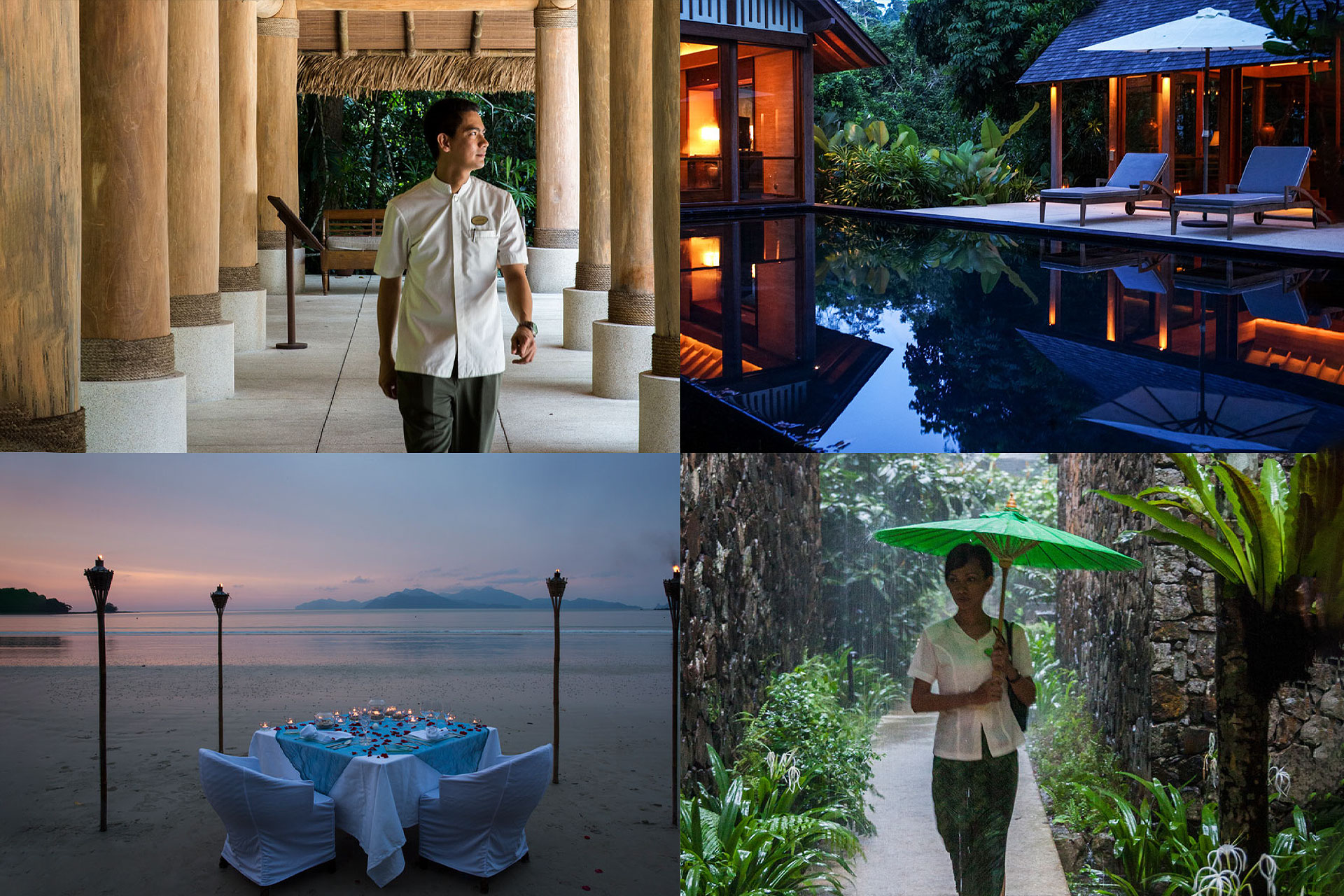 Collage of four scenes at a tropical resort featuring a staff member walking between wooden pillars, a lit pool area at dusk, a romantic dinner setup on the beach with torches at sunset, and a woman walking with a green umbrella along a lush garden path in the rain.