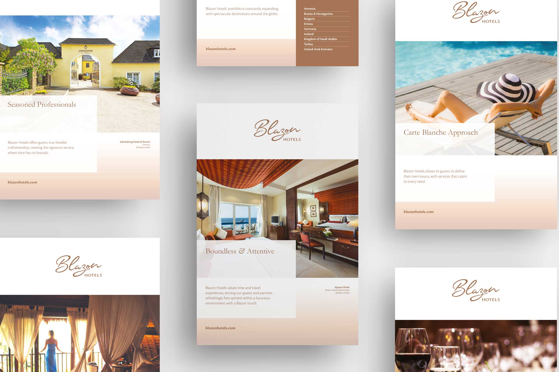 Collage of four Blazon Hotels promotional flyers showing a yellow hotel entrance, a luxurious hotel room, a woman lounging by a pool with a striped hat, and a silhouette of a woman by sheer curtains.