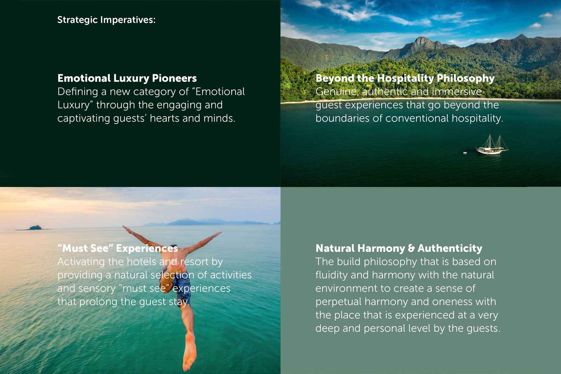 Four-panel image: top left panel with text on dark green background about Emotional Luxury Pioneers; top right panel shows a boat on blue-green water with forested hills and text about Beyond the Hospitality Philosophy; bottom left panel shows a person diving into calm sea with text about Must See Experiences; bottom right panel has text on muted green background about Natural Harmony & Authenticity.