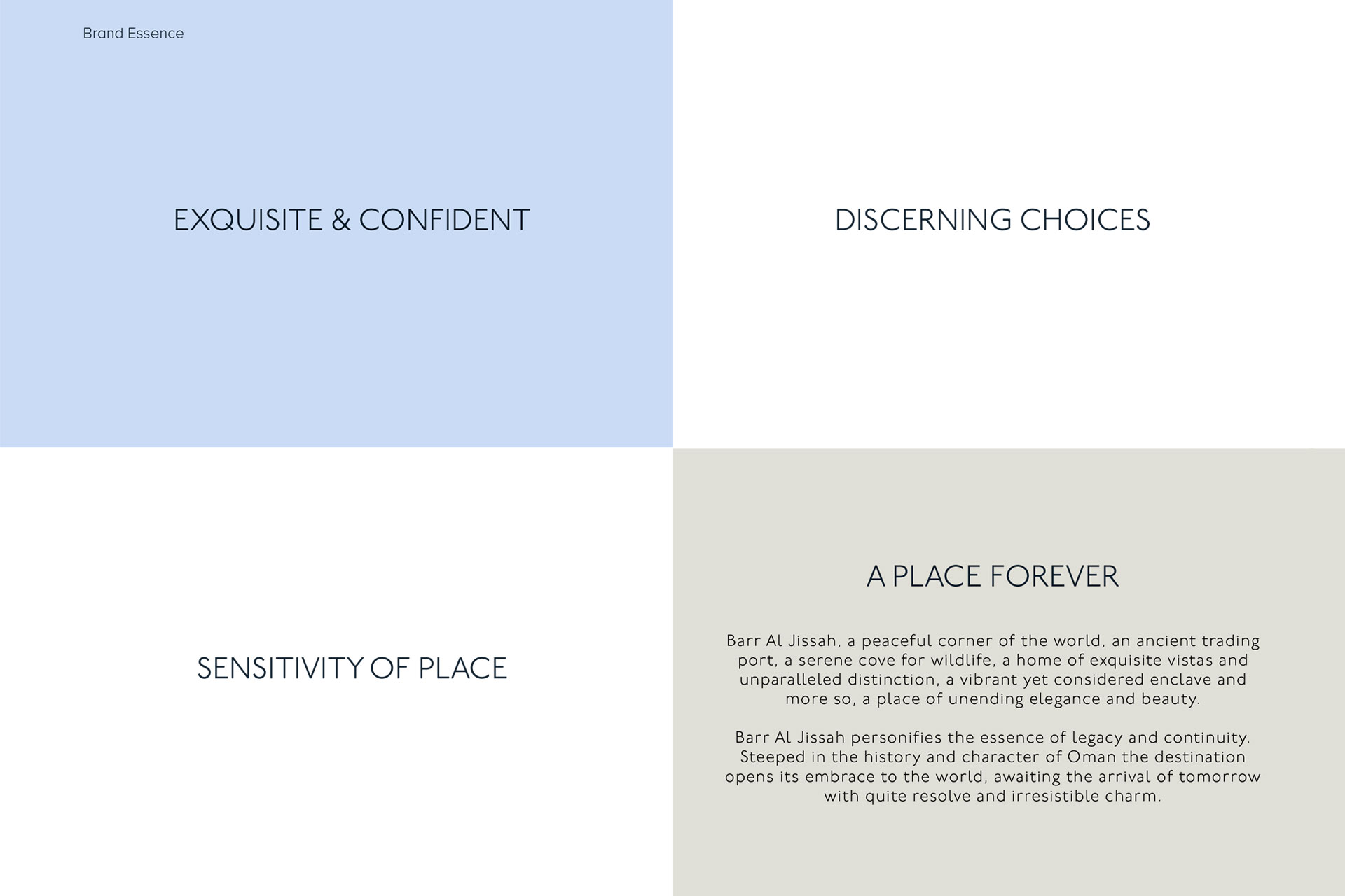 Four quadrants with text describing Barr Al Jissah's brand essence emphasizing exquisite confidence, discerning choices, sensitivity of place, and a detailed narrative about its legacy and beauty in Oman.
