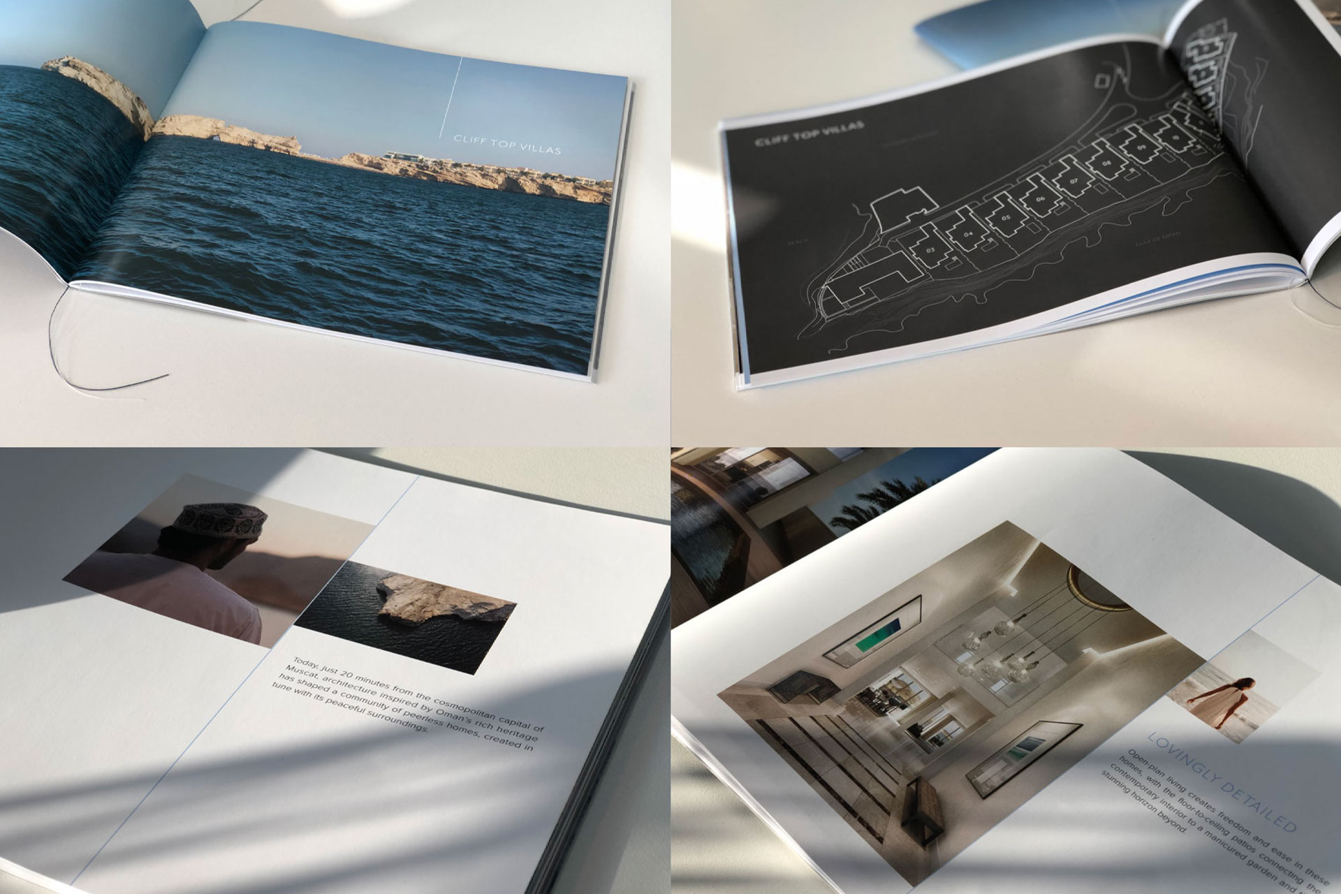 Four pages of a brochure showing cliff top villas, including a sea view, architectural plans, a person in traditional clothing, and interior living spaces.
