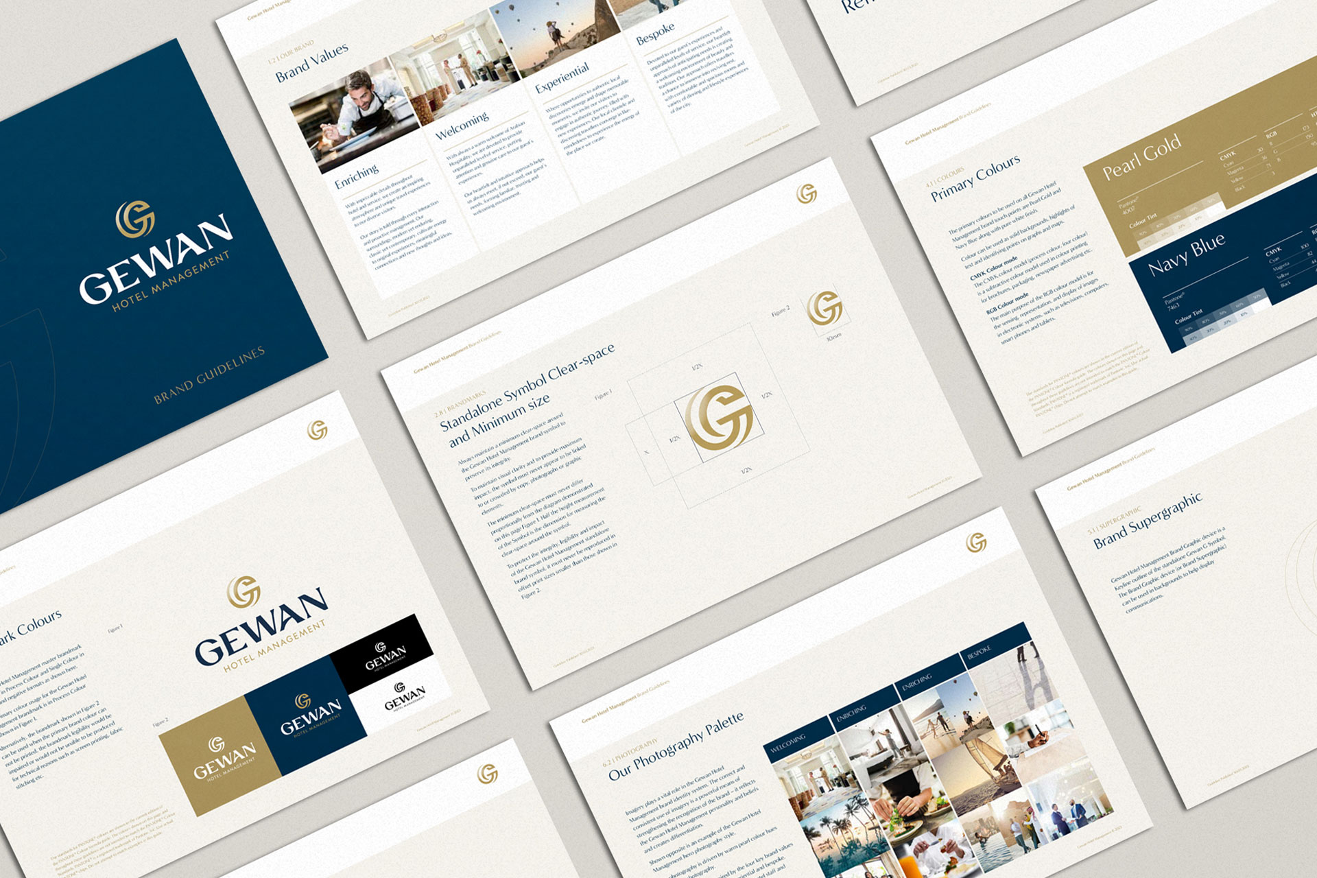 Printed brand guideline pages for Gewan Hotel Management, showing logo usage, color palette, typography, and photography style.