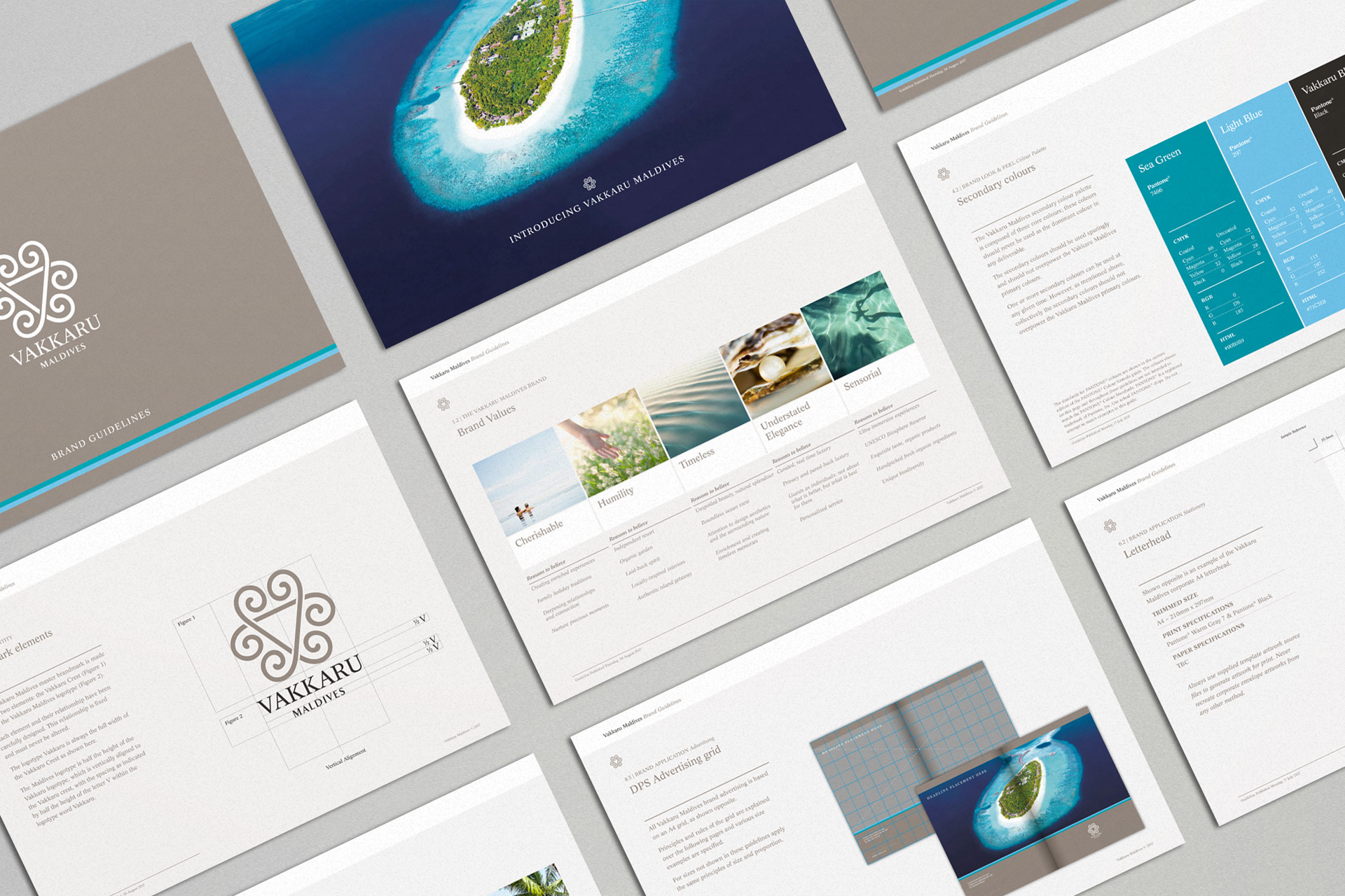 Vakkaru Maldives brand guidelines spread showing logo design, brand values with images, color palette, advertising grid, and letterhead layout.