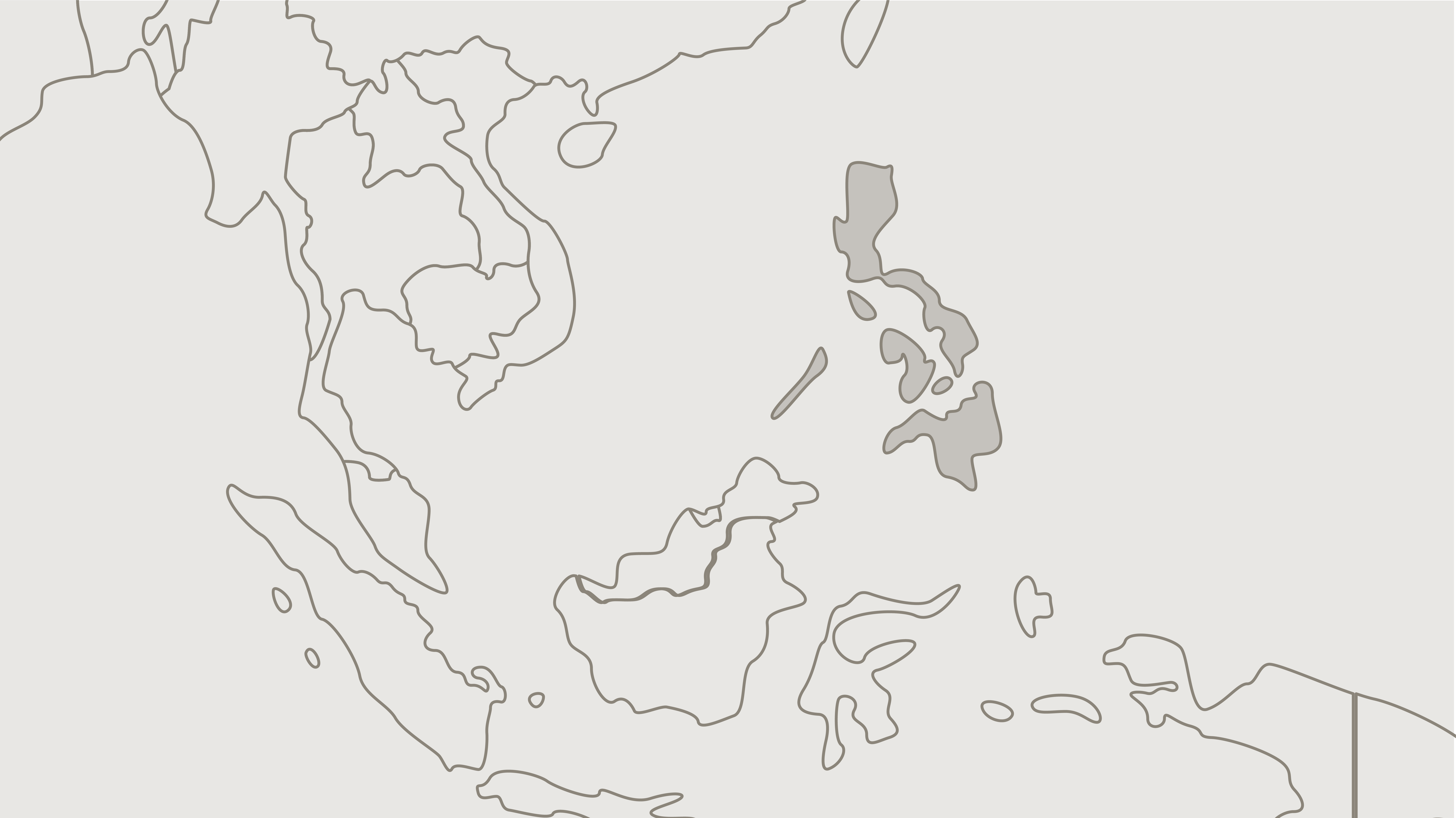 Map of Southeast Asia highlighting the Philippines in gray among other countries' outlines.